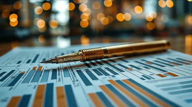 Golden pen resting on financial charts