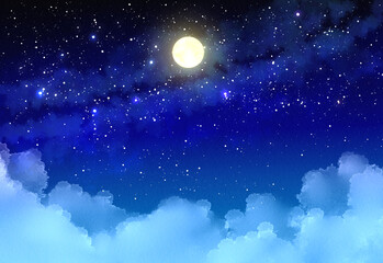 満月と星空　背景イラスト　夜空　青