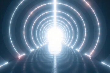 Obraz premium Asymmetrical white tunnel, intense light beams, technology, stark, perspective