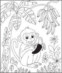 Fototapeta premium Cute monkey eating banana in natural background vector outline for children animal books