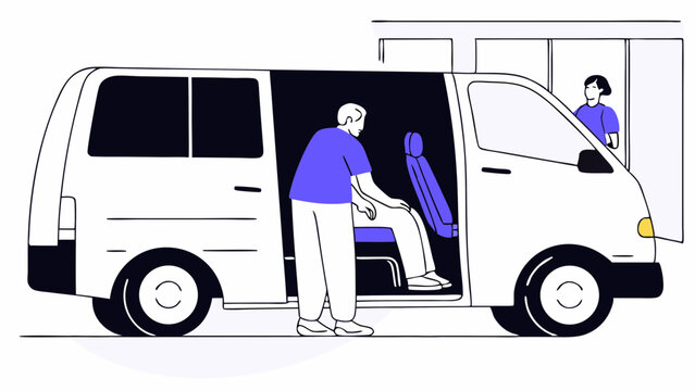 Vector caregiver is assisting elderly man in wheelchair as he enters van, showcasing compassion and support, Copy space