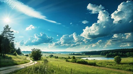 Tranquil Meadow with River Under Blue Sky and Sunlit Clouds V6