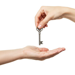 Hand holds key over open palm isolated on transparent background