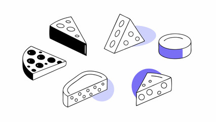 Vector variety of cheese pieces different shapes and colors, showcasing unique textures and styles, perfect for culinary, Copy space
