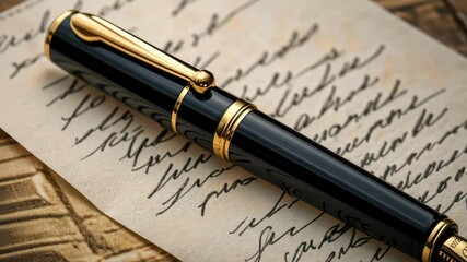 Close-up of a gold and black fountain pen on handwritten letter, writing concept, document, paper and elegant. Stationary, vintage. - Powered by Adobe