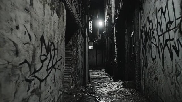 Dark, graffiti-covered alleyway at night