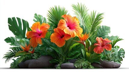 Obraz premium Vibrant arrangement of tropical flowers and foliage.