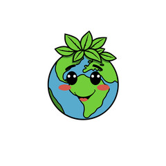 Happy Earth: Cute Cartoon Globe with Green Leaves