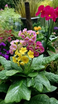 Clustered primrose blossom in shades of pink, magenta, and yellow, surrounded by textured leaves, a vibrant floral botanical arrangement in garden