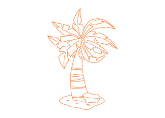 Orange isolated line doodle illustration of a tropical palm tree with wide leaves and curved trunk. Hand drawn exotic jungle plant for nature, travel, or educational design projects.