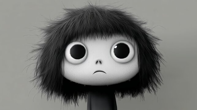 Monochrome wide-eyed character with messy hair against gray background