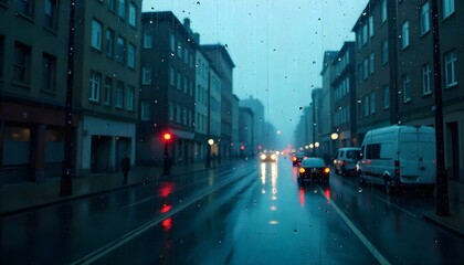 Obraz premium Raindrops on Glass Against a Blurry Urban Street Evening Scene