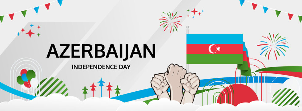 Azerbaijan Restoration of Independence Day greeting banner. 18 October Happy National Day. Festive horizontal background in flag colors, great for carnival poster, tourism campaign, holiday flash sale