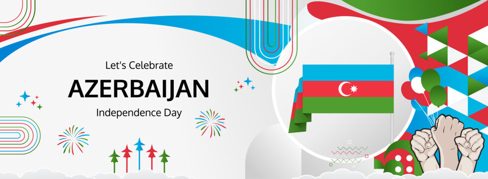 Azerbaijan Restoration of Independence Day greeting banner. 18 October Happy National Day. Festive horizontal background in flag colors, great for carnival poster, tourism campaign, holiday flash sale - Powered by Adobe
