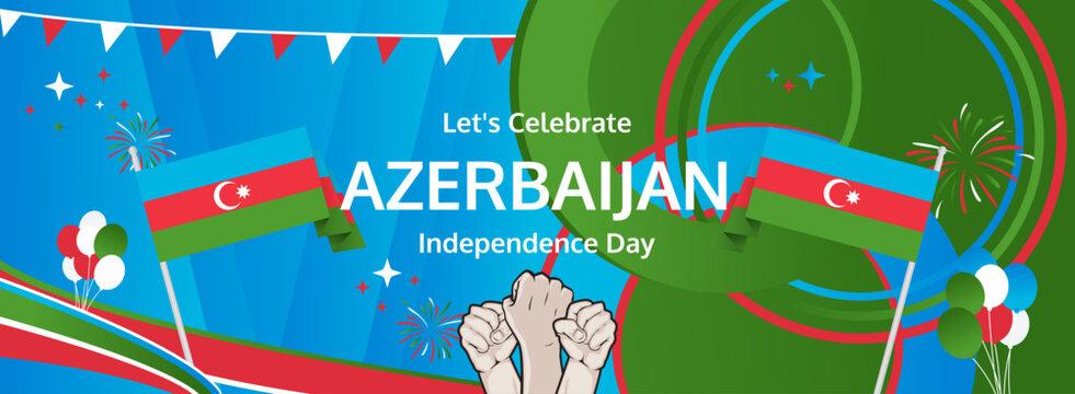 Azerbaijan Restoration of Independence Day greeting banner. 18 October Happy National Day. Festive horizontal background in flag colors, great for carnival poster, tourism campaign, holiday flash sale