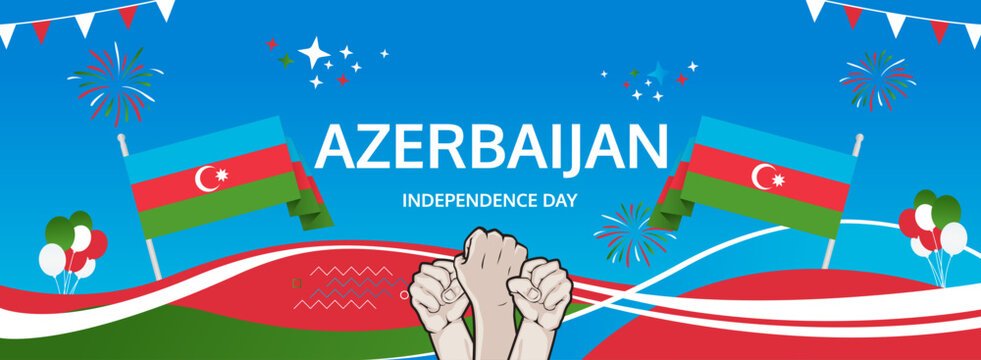 Azerbaijan Restoration of Independence Day greeting banner. 18 October Happy National Day. Festive horizontal background in flag colors, great for carnival poster, tourism campaign, holiday flash sale