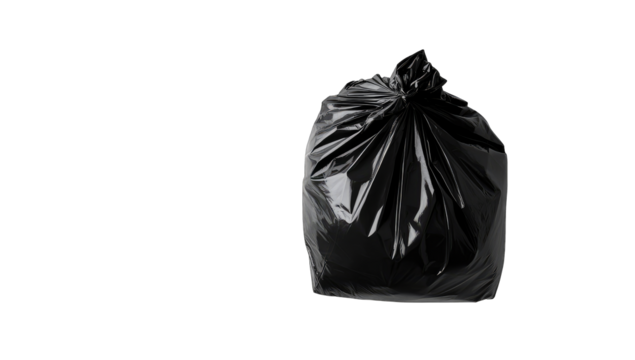 A tightly knotted black plastic garbage bag, full and slightly bulging, sits against a stark black background