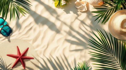 A bright summer beach scene features palm tree shadows softly cast on warm sand.

