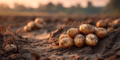 The notion of producing food. Fresh organic new potatoes in a farmer's field