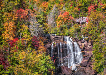 Whitewater Falls in the autumn with the leaves changing color in North Carolina