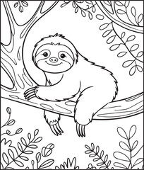 Fototapeta premium Cute sloth sitting on a tree branch outline vector for children coloring page