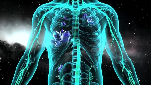 Light Blue Human Torso Internal Organs Animation Displaying Human Anatomy and Physiology in Nebula Cosmos Background
