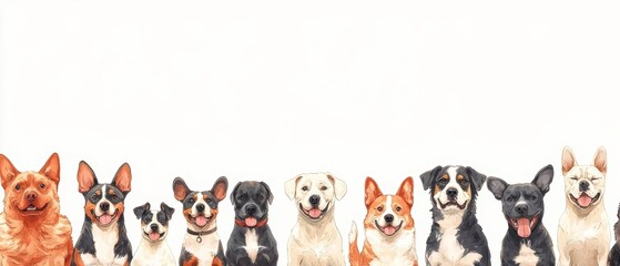 A row of various dog breeds sitting and facing forward on a white background, all looking cheerful and friendly.