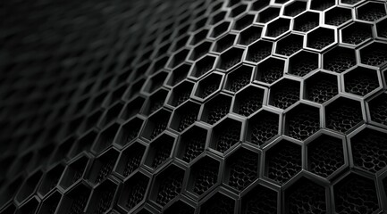 A dark, textured hexagonal grid curves gently, creating a three-dimensional, almost metallic effect.  The hexagons are deeply recessed, showing a rougher texture within