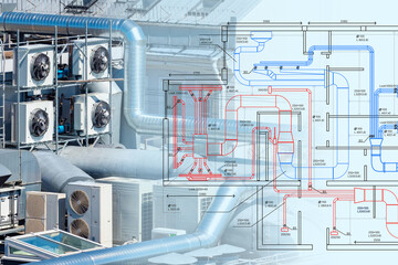 HVAC system on building rooftop overlaid with technical ventilation schematic, showcasing industrial air conditioning design and engineering. – HVAC, Engineering, Construction.