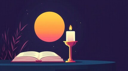 Chalice on altar, sacred bible and lighted candle, flat design illustration
