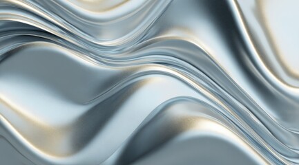 Abstract image of flowing, metallic silver fabric with subtle highlights and shadows creating a wave-like pattern.  The texture appears smooth and reflective