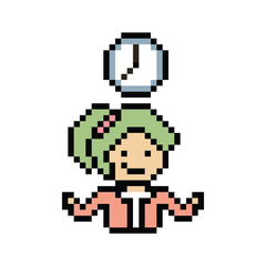 Obraz premium Cartoon cute pixel cartoon 8bit character business woman time management work deadline decoration 8 bit female schedule smart character 8bit png vector.