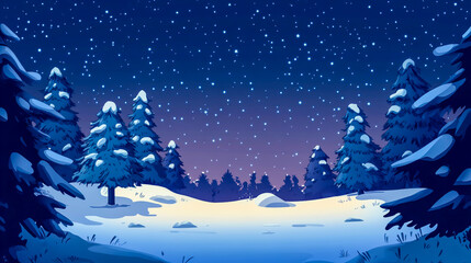 Peaceful winter night landscape with snow-covered trees and a clear starlit sky