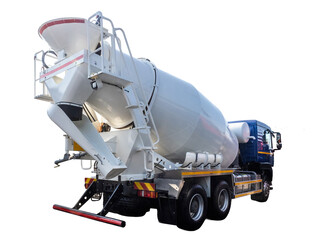 Heavy-duty cement mixer truck with a large rotating drum and rear chute, used for transporting and pouring ready-mix concrete at construction sites. – Construction, Infrastructure, Concrete Work.