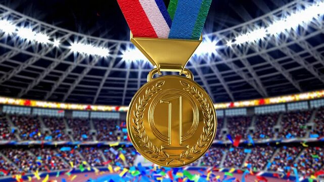 Gold medal hanging with colorful ribbon in a stadium filled with fans  