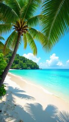 Wide tropical beach banner, lush palm trees, turquoise water, coast, sunny