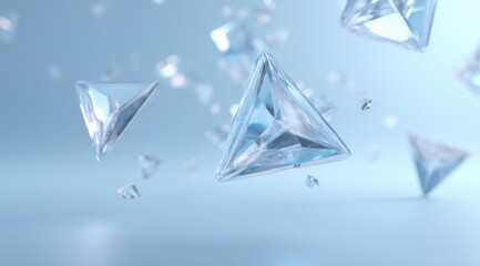 Floating, translucent, triangular prisms of varying sizes, rendered in light blue hues against a soft, blurred background, creating an ethereal, three-dimensional effect
