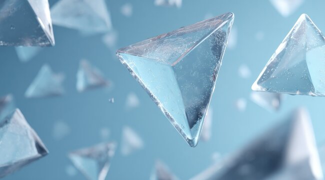 Translucent triangular prisms, frosted glass-like, float against a soft blue backdrop; shallow depth of field emphasizes some in sharp focus, others blurred