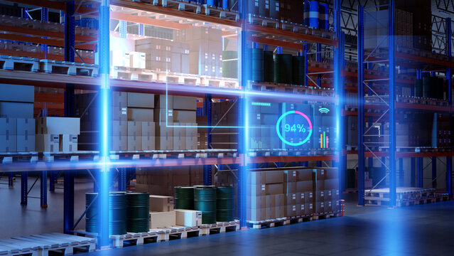 Modern technological warehouse. Enterprise storage area. Warehouse technologies. Racks with boxes with virtual lines. Warehouse technologies for accounting and automation. 3d rendering.