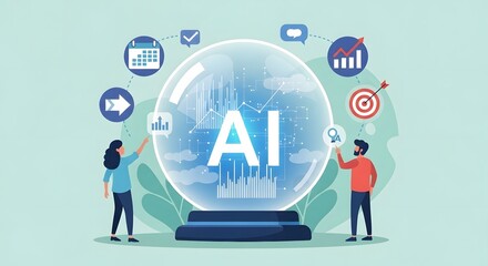 Decoding the Future: Illustration showcases two individuals interacting with a crystal ball, adorned with AI letters, symbolizing the power of artificial intelligence.