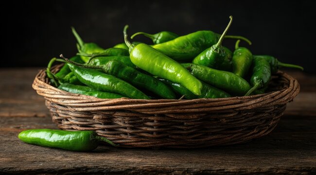 A rustic brown wicker basket overflows with vibrant green chili peppers, sitting on a dark wooden surface; one pepper rests beside it