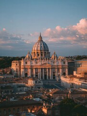Fototapeta premium Vatican Rooftops Bathed in Warm Light Under an Open Sky During Sunset Provide a Breathtaking View of the Iconic Architecture