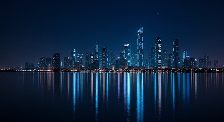 Fototapeta premium Night Cityscape: Stunning Reflection of Illuminated Skyscrapers and Star Trails Over Calm Water