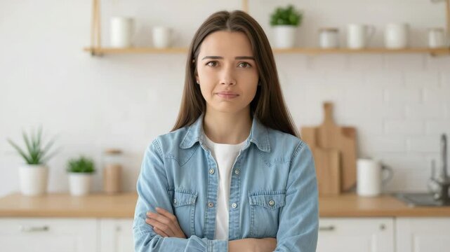 Woman rolls eyes then smirks with crossed arms	
