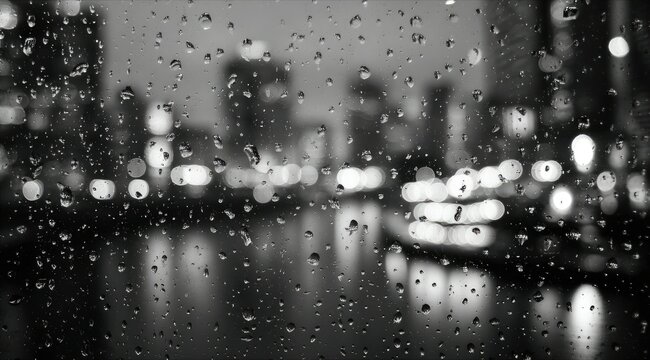 Rain-streaked window reveals blurred city lights reflecting on dark water at night, creating a moody, atmospheric monochrome scene