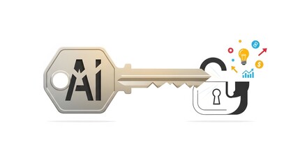 Unlocking Innovation: The metaphorical image depicts a silver key branded with the letters AI unlocking an idea-filled padlock