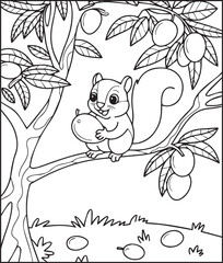 Fototapeta premium Cheerful squirrel with mango fruit animal coloring page for kids, line art vector illustration for children activity book design