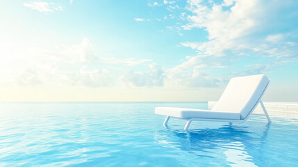 Fototapeta premium White lounge chair beside infinity pool overlooking ocean, luxury resort outdoor relaxation setting