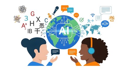 AI Communication: An illustration shows the world of communication with the support of AI technologies. Showcasing AI as a facilitator of understanding, a global dialogue unfolds seamlessly.