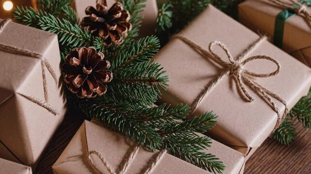 Christmas gifts wrapped in brown paper with pine cones and greenery  